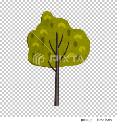 Cute cartoon deciduous tree in scandinavian style.. Bright stylized wonderland forest. Bushe, birch, poplar, aspen with green foliage. Hand drawn digital illustration for kids, baby, nursery, card 106810691