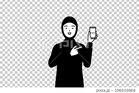 スマホのキャッシュレス・オンライン決済を勧めるイスラムの女性 106810868