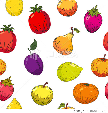 Colorful bright fruits seamless pattern. Hand drawing sketch fruits Colorful bright fruits seamless pattern. Hand drawing sketch fruits 106810872