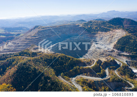 Aerial view of Europe second largest open pit copper mine, Rosia Poieni, Romania 106810893