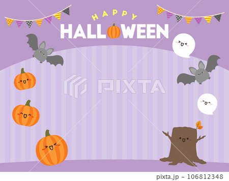 ハロウィンのフレーム、かわいいオバケとコウモリと枯れ木、紫色 ハロウィンのフレーム、かわいいオバケとコウモリと枯れ木、紫色 106812348