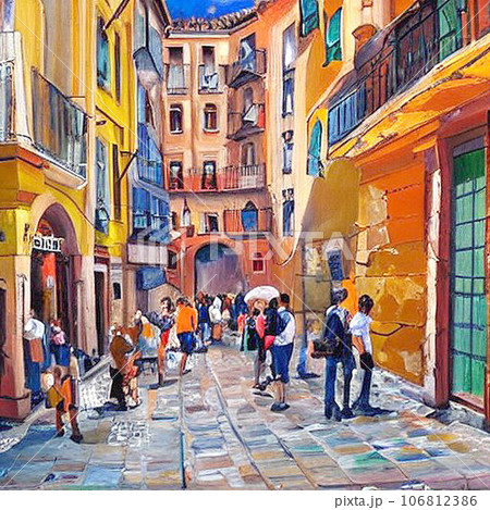 油絵 スペインの建物と人々のイラスト素材 [106812386] - PIXTA