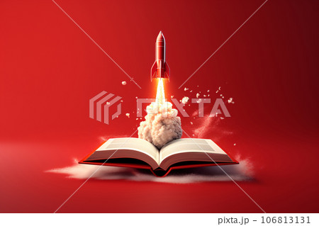 Rocket Taking Off From Open Book. A 3D Illustration of Imagination and Creativity 106813131