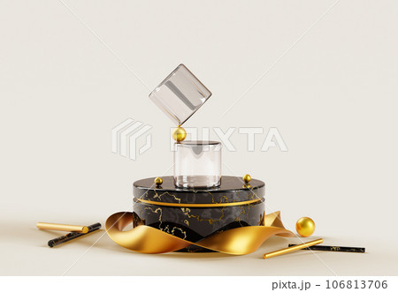 Black marble podium display with transparent glass cylinders, gold pearls, spiral ribbon and pipes on beige background 3d render. Abstract crystal composition on pedestal platform. 3D illustration 106813706