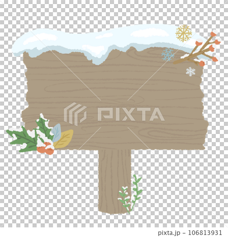 Snowy wooden sign and winter plant decoration, textured colored pencil hand-drawn illustration 106813931
