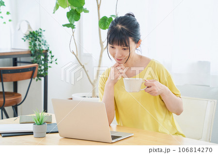 モニターに話しかけるテレワークをする女性 106814270