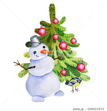Watercolor composition of christmas theme with a Christmas tree and gifts and cartoon snowmen, winter illustration, hand drawn sketch isolated on white background 106814471