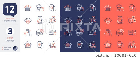 Set of Money currency, Financial app and Beauty line icons. Include Pet shelter, Chef, Parking garage icons. Music book, New, Coffee cup web elements. Cloud computing, Shop app, Share call. Vector Set of Money currency, Financial app and Beauty line icons. Include Pet shelter, Chef, Parking garage icons. Music book, New, Coffee cup web elements. Cloud computing, Shop app, Share call. Vector 106814610
