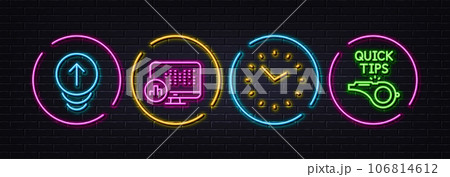 Report statistics, Swipe up and Time minimal line icons. Neon laser 3d lights. Tutorials icons. For web, application, printing. Graph chart, Scrolling page, Clock. Quick tips. Vector 106814612
