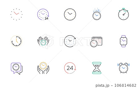 Time and clock line icons. Timer, Alarm and Smartwatch. Time management, 24 hour clock, deadline alarm icons. Sand hourglass, smartwatch, timer stopwatch. Linear set. Vector Time and clock line icons. Timer, Alarm and Smartwatch. Time management, 24 hour clock, deadline alarm icons. Sand hourglass, smartwatch, timer stopwatch. Linear set. Vector 106814682