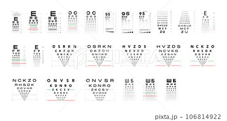 Set of Eye Test Charts medical illustration. Line vector sketch style outline isolated on white background. Vision test Set of Eye Test Charts medical illustration. Line vector sketch style outline isolated on white background. Vision test 106814922