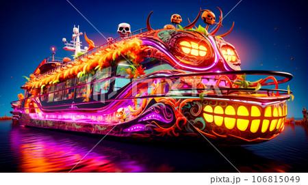 Colorful boat with skulls and skulls on it's side at night. Generative AI 106815049