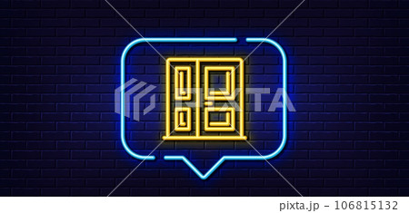 Neon light speech bubble. Entrance line icon. Entry door sign. Building exit symbol. Neon light background. Entrance glow line. Brick wall banner. Vector Neon light speech bubble. Entrance line icon. Entry door sign. Building exit symbol. Neon light background. Entrance glow line. Brick wall banner. Vector 106815132
