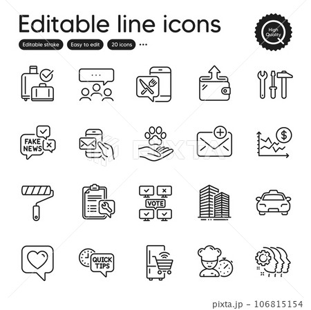 Set of Business outline icons. Contains icons as Spanner tool, New mail and Baggage reclaim elements. Wallet, Skyscraper buildings, Refrigerator web signs. Taxi, Spanner. Vector Set of Business outline icons. Contains icons as Spanner tool, New mail and Baggage reclaim elements. Wallet, Skyscraper buildings, Refrigerator web signs. Taxi, Spanner. Vector 106815154