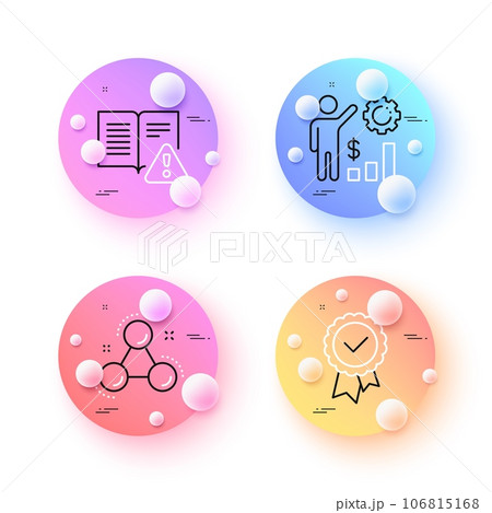 Employees wealth, Tested stamp and Instruction manual minimal line icons. 3d spheres or balls buttons. Chemistry molecule icons. For web, application, printing. Vector Employees wealth, Tested stamp and Instruction manual minimal line icons. 3d spheres or balls buttons. Chemistry molecule icons. For web, application, printing. Vector 106815168