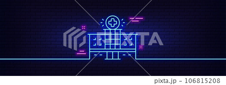 Neon light glow effect. Hospital building line icon. Medical help sign. 3d line neon glow icon. Brick wall banner. Hospital building outline. Vector Neon light glow effect. Hospital building line icon. Medical help sign. 3d line neon glow icon. Brick wall banner. Hospital building outline. Vector 106815208