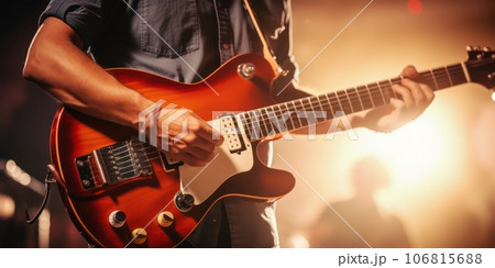 Guitar player - hands ang guitar close-up. 106815688