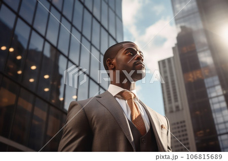 Close-up of an African-American businessman in a formal suit against the backdrop of skyscrapers in the business district of the city. 106815689