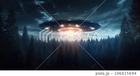 Alien spaceship over the night forest. 106815694