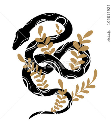 Luxurious illustration of a decorative swirled snake with stems and foliage. Anaconda clipart with natural decoration. 106815923