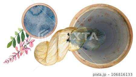 Hand drawn watercolor indigo coloring natural plant dye and materials for hobby, handmade fabric. Illustration isolated composition, white background. Shop logo, print, website, business card, booklet Hand drawn watercolor indigo coloring natural plant dye and materials for hobby, handmade fabric. Illustration isolated composition, white background. Shop logo, print, website, business card, booklet 106816133