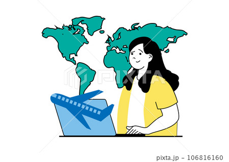 Travel vacation concept with people scene in flat web design. Woman go in trip with sightseeing in countries and flying by airplane. Vector illustration for social media banner, marketing material. 106816160