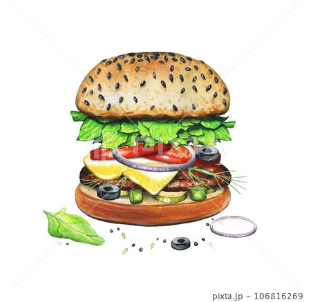 Hand drawn burger, watercolor food illustration. Hand drawn burger, watercolor food illustration. 106816269