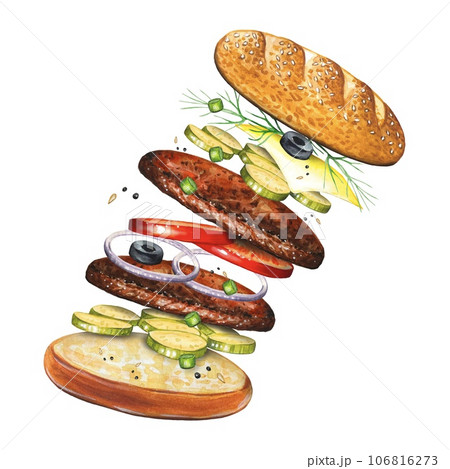 Flying burger with ingredients, watercolor 106816273
