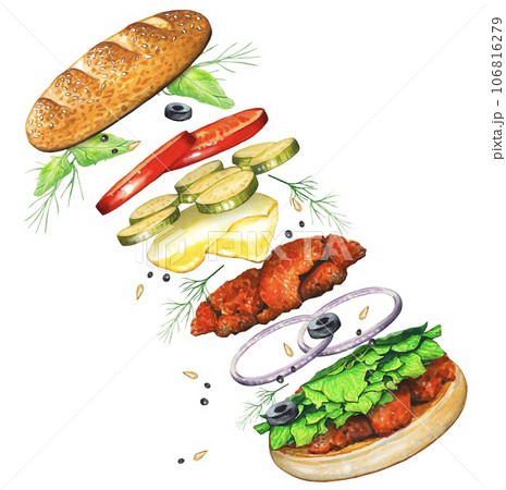Flying tasty burger with ingredients, watercolor fastfood illustration. 106816279