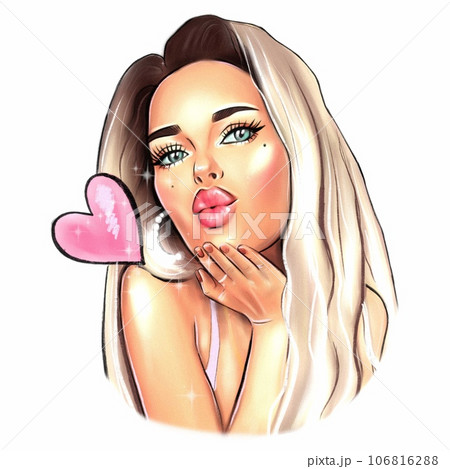 Hand drawn illustration of a girl blowing a kiss Hand drawn illustration of a girl blowing a kiss 106816288