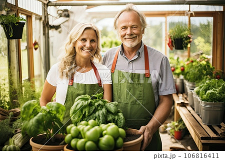 Middle aged Scandinavian couple with their garden vegetable crop. 106816411