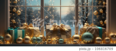 Christmas decorated window, gifts, candles, Christmas tree lights 106816709