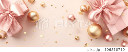 Christmas gifts and decorations on pink background flat lay 106816710