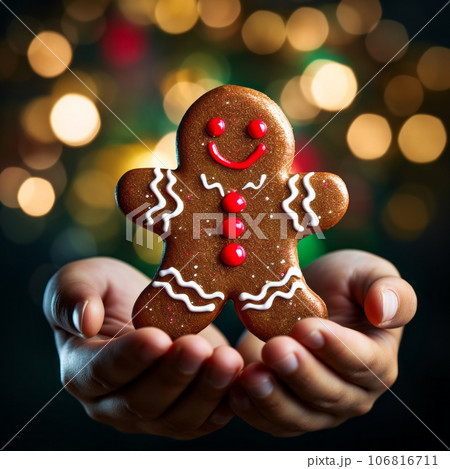 Child's hands holding tasty gingerbread cookies, close up view 106816711