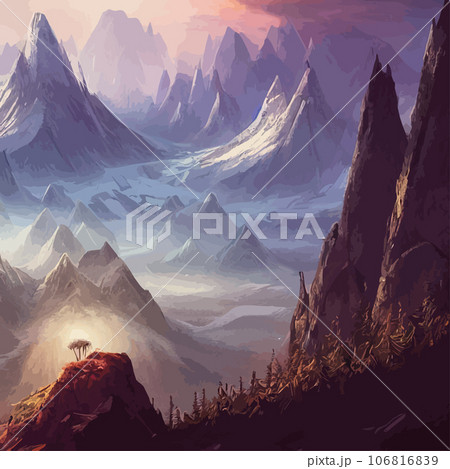 Mountain mature silhouette element outdoor icon snowy ice peaks and decorative, Realistic illustration of mountain landscape with hill and forest with coniferous trees Mountain mature silhouette element outdoor icon snowy ice peaks and decorative, Realistic illustration of mountain landscape with hill and forest with coniferous trees 106816839