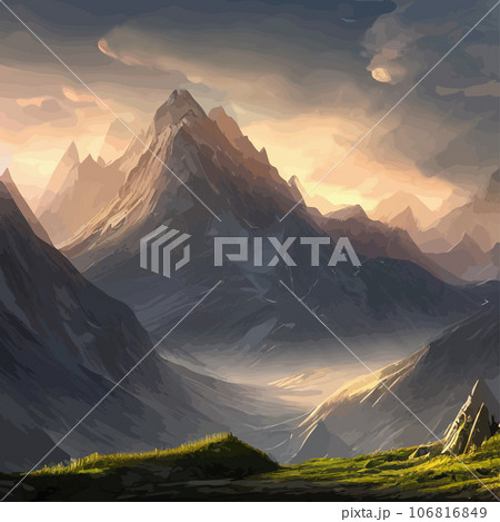 Mountain mature silhouette element outdoor icon snowy ice peaks and decorative, Realistic illustration of mountain landscape with hill and forest with coniferous trees Mountain mature silhouette element outdoor icon snowy ice peaks and decorative, Realistic illustration of mountain landscape with hill and forest with coniferous trees 106816849