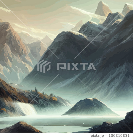Mountain mature silhouette element outdoor icon snowy ice peaks and decorative, Realistic illustration of mountain landscape with hill and forest with coniferous trees Mountain mature silhouette element outdoor icon snowy ice peaks and decorative, Realistic illustration of mountain landscape with hill and forest with coniferous trees 106816851