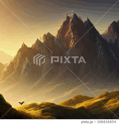 Mountain landscape. Mountain landscape. illustration. Abstract background. Fantasy theme morning landscape, sunrise mountains. landscape with blue mountains silhouettes with fog cold sunlight 106816854