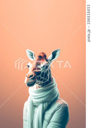 Funny Giraffe in mint-colored scarf on light orange background 106816855