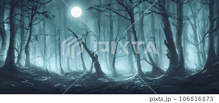 misty forest. Dark tree silhouette. Tree tricks in the blue mist. Fog in the night forest illustration banner. Spooky forest with full moon and floor. Without leaves and branches of autumn. 106816873