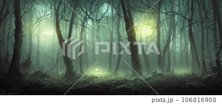 misty forest. Dark tree silhouette. Tree tricks in the blue mist. Fog in the night forest illustration banner. Spooky forest with full moon and floor. Without leaves and branches of autumn. 106816908