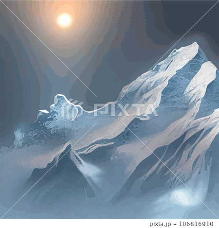 Realistic illustration mountain landscape with a hill forest with coniferous trees, under blue winter sky with space for text. Gray mountains forest retro vintage background illustration. 106816910