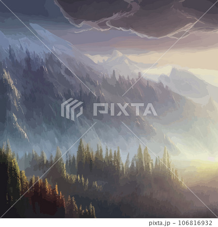 Nature and landscape. illustration trees, forests, mountains, plants. Image for background, card or cover. Illustration. Natural landscape with spruce trees. Modern minimal abstract background 106816932
