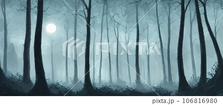 misty forest. Dark tree silhouette. Tree tricks in the blue mist. Fog in the night forest illustration banner. Spooky forest with full moon and floor. Without leaves and branches of autumn. 106816980