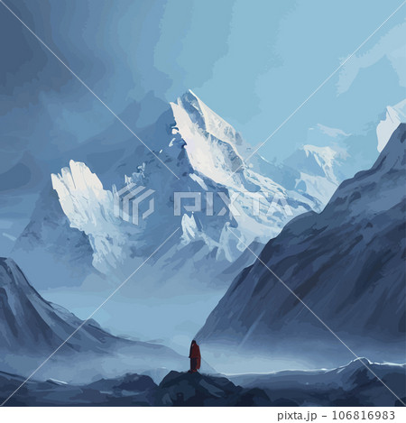 Mountain mature silhouette element outdoor icon snowy ice peaks and decorative, Realistic illustration of mountain landscape with hill and forest with coniferous trees 106816983