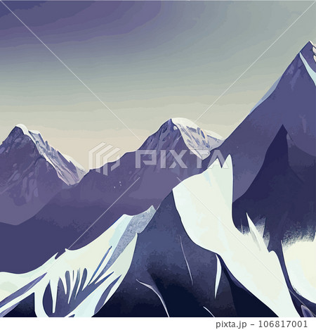 Realistic illustration mountain landscape with a hill forest with coniferous trees, under blue winter sky with space for text. Gray mountains forest retro vintage background illustration. 106817001