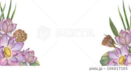 Elegant watercolor illustration with delicate pink lotus flowers and botanical beauty of water lily. frame. Space for text. Floral design elements perfect for wedding invitations; . greeting cards, po 106817105