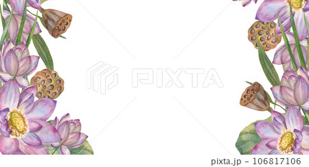 Elegant watercolor illustration with delicate pink lotus flowers and botanical beauty of water lily. frame. Space for text. Floral design elements perfect for wedding invitations; . greeting cards, po 106817106