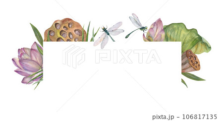 Rectangular composition of lotus flowers and green and dry leaves, flying dragonflies.It is used for signs, banners, invitations. Any text Rectangular composition of lotus flowers and green and dry leaves, flying dragonflies.It is used for signs, banners, invitations. Any text 106817135