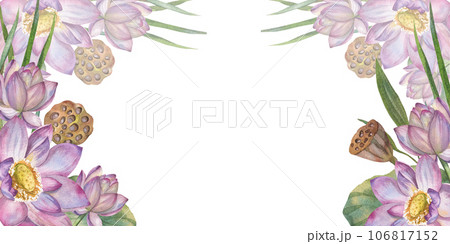 Elegant watercolor illustration with delicate pink lotus flowers and botanical beauty of water lily. frame. Space for text. Floral design elements perfect for wedding invitations; . greeting cards, po 106817152